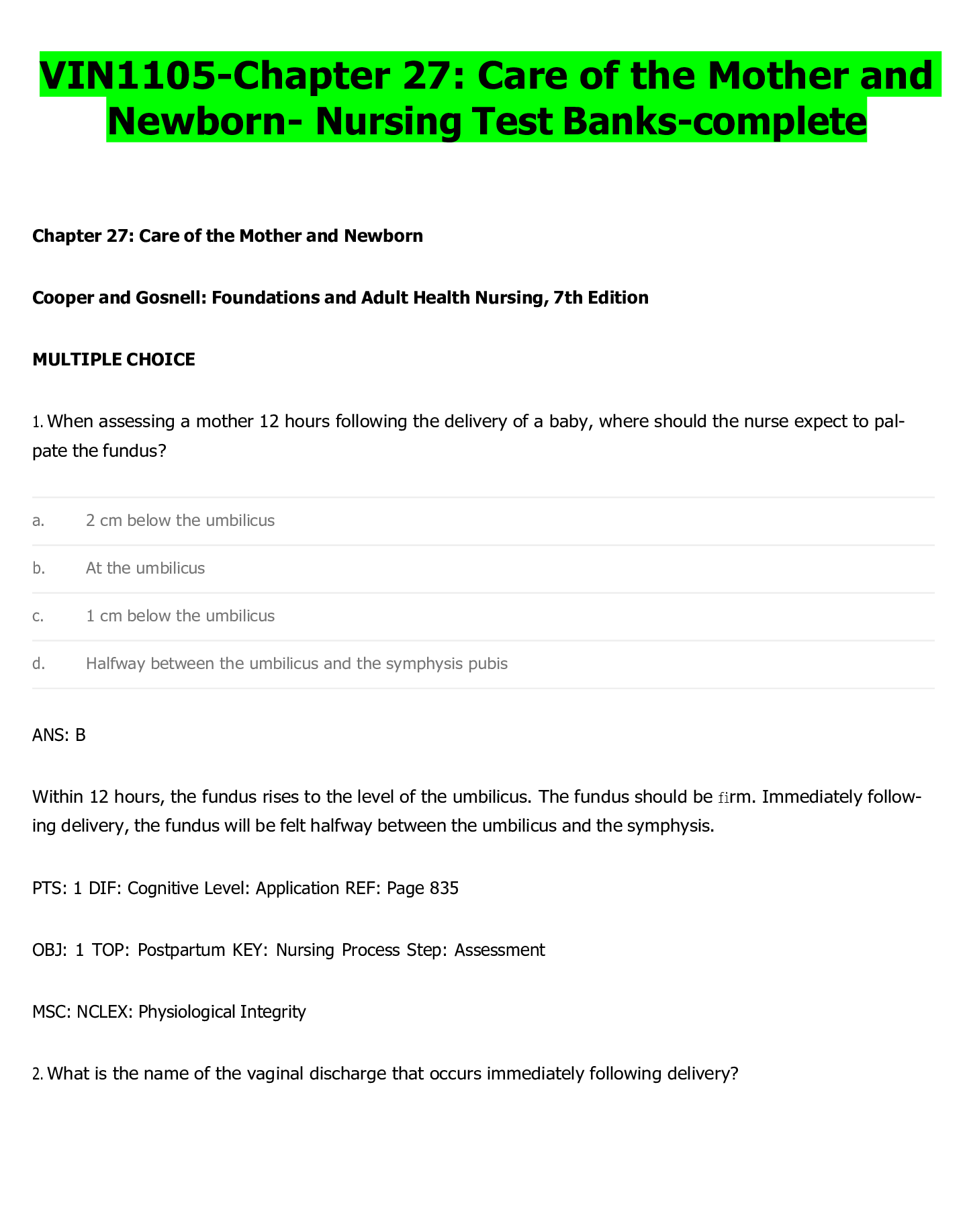 Preview of VIN1105-Chapter 27: Care of the Mother and Newborn- Nursing Test Banks-complete